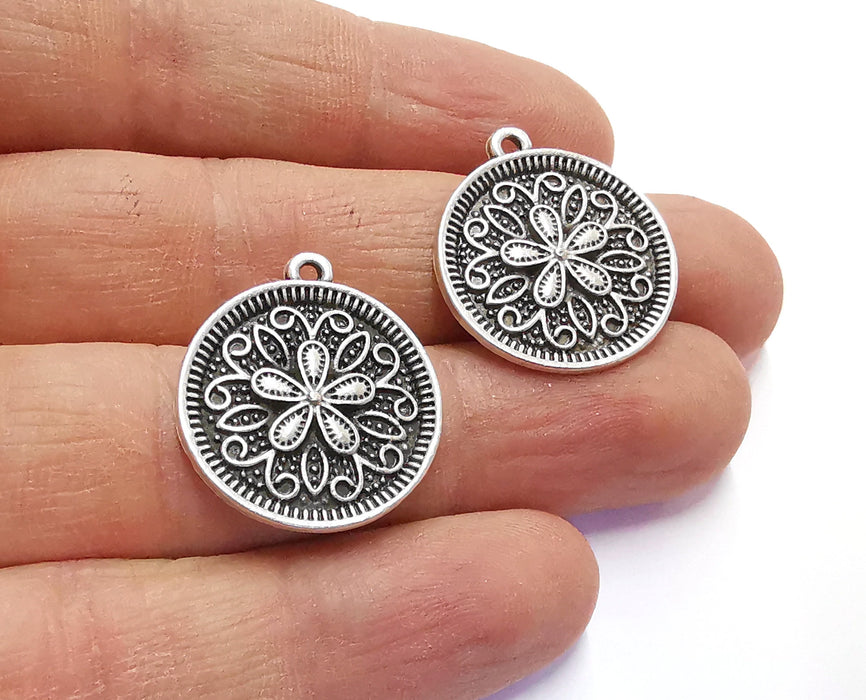 4 Flower Charms Antique Silver Plated Charms (26x23mm)  G20554