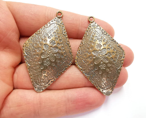 2 Flowers Diamond Shape Antique Bronze Plated Charms (56x34mm) G20909