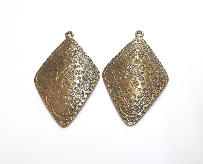 2 Flowers Diamond Shape Antique Bronze Plated Charms (56x34mm) G20909