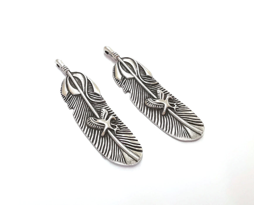 2 Feather Charms Antique Silver Plated Charms (55x15mm)  G20610