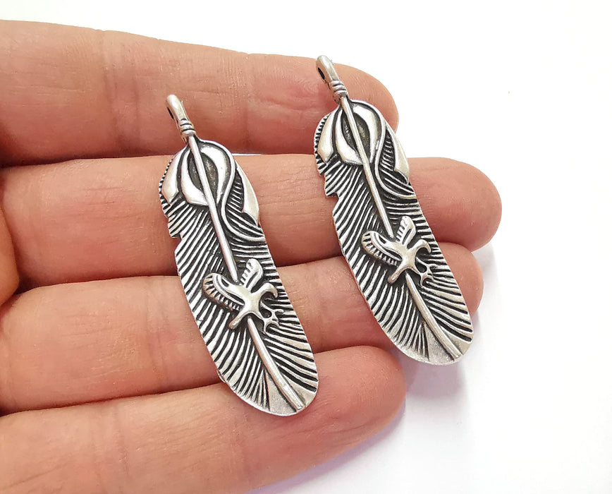 2 Feather Charms Antique Silver Plated Charms (55x15mm)  G20610