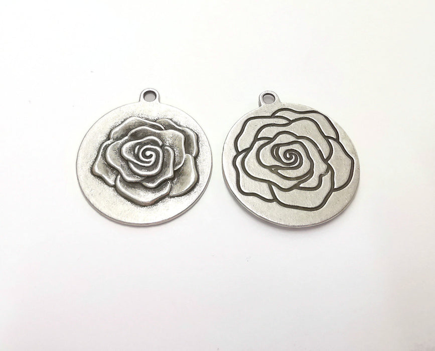 2 Rose Flower Double Sided (Sides Different) Charms Antique Silver Plated Charms (36x32mm)  G20612