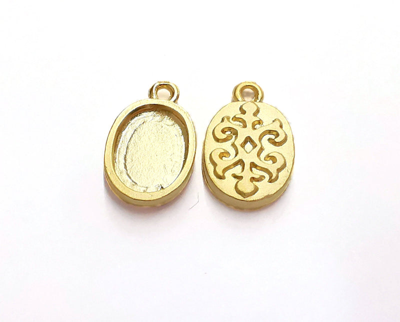 2 Patterned Oval Charms Blank Bezel Resin Bezel Mosaic Mountings Gold Plated Pendant Cabochon Tray (22x14mm)( 15x11 mm Inner Size)  G20950