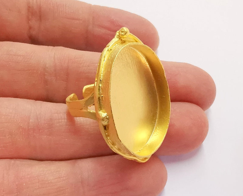 Ring Blank Setting Textured Base Bezel inlay Ring Backs Glass Cabochon Mounting Adjustable Gold Plated (30x22mm bezel ) G20951
