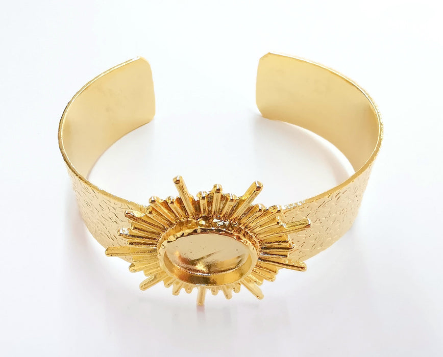 Sun Bracelet Blank Resin Bangle Dry Flower inlay Blank Cuff Bezel Glass Cabochon Base Textured Adjustable Shiny Gold Plated (16mm ) G20952