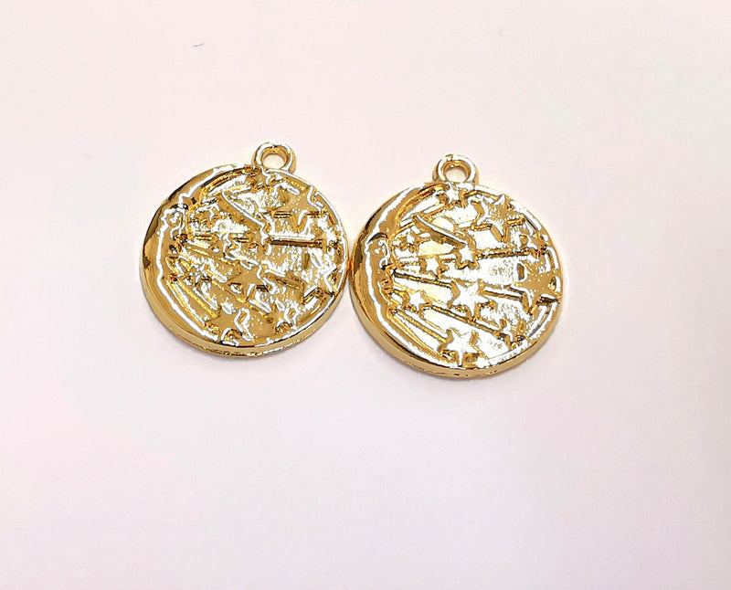 2 Crescent Moon Stars Charms Shiny Gold Plated Charms (22x19mm) G20956
