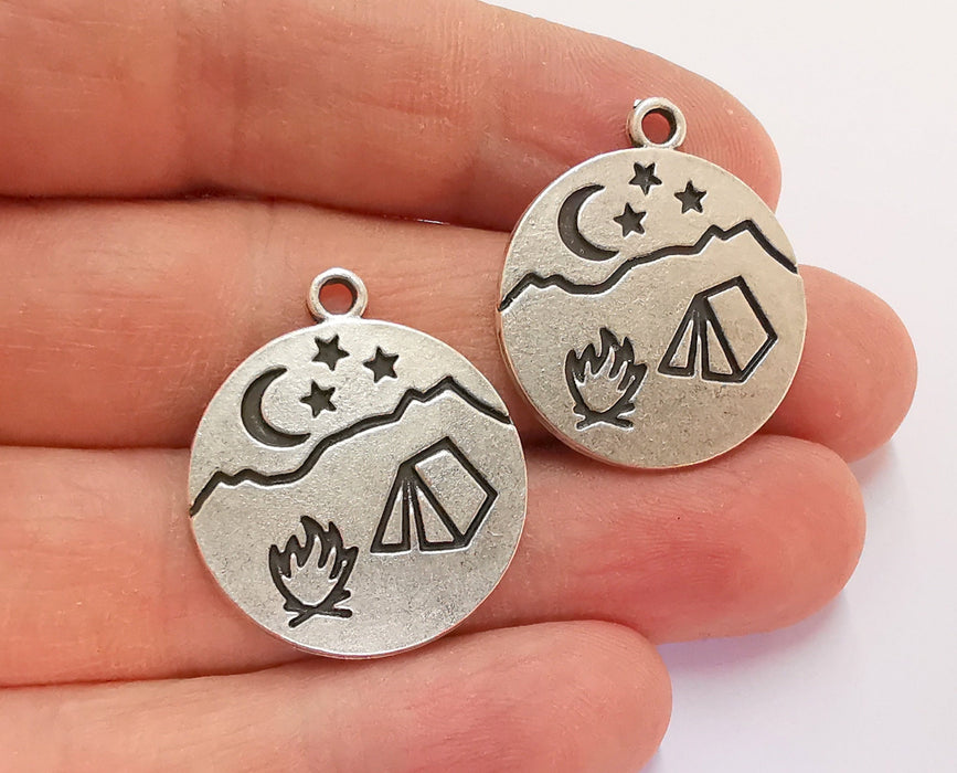 2 Moon Star Campfire Charms Antique Silver Plated Charms (29x25mm)  G25121