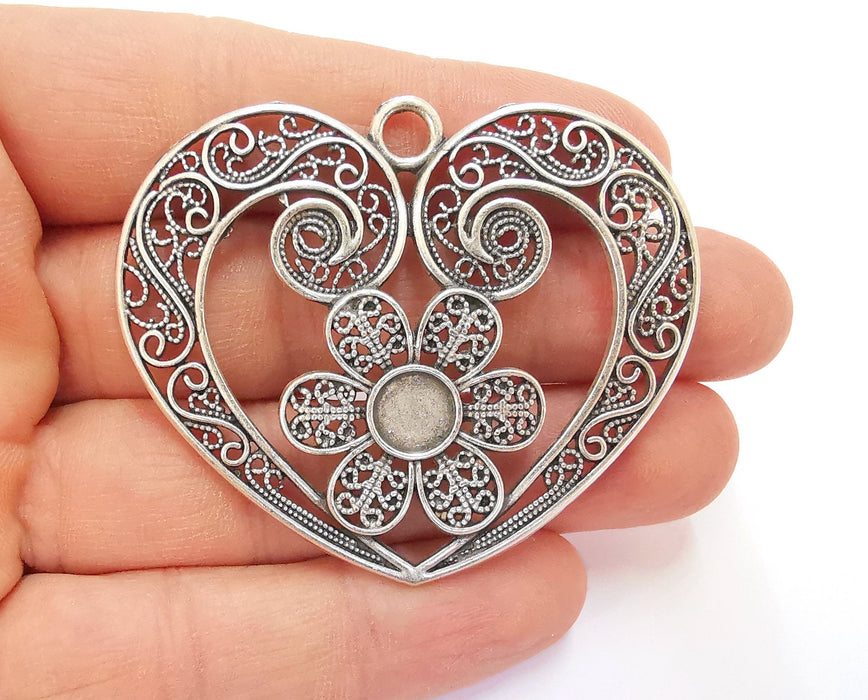 Heart Flower Pendant Antique Silver Plated Pendant (50x60mm)  G20638