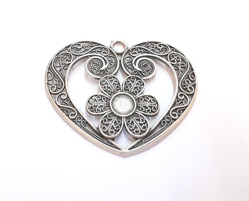 Heart Flower Pendant Antique Silver Plated Pendant (50x60mm)  G20638