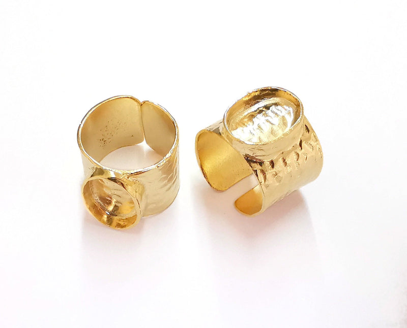 Gold Ring Settings Blank Hammered inlay Ring Mosaic Ring Bezel Base Cabochon Mountings Adjustable (14x10mm blank ) Shiny Gold Brass G20982