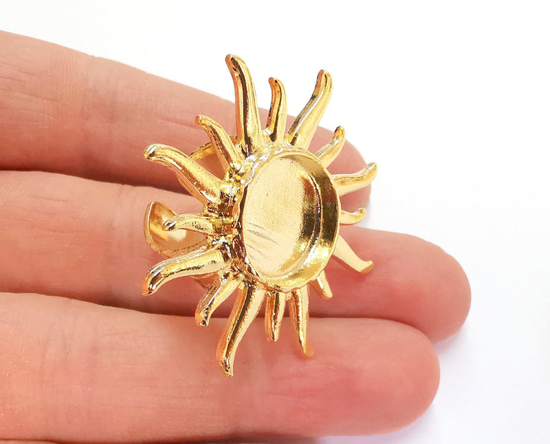 Sun Ring Blank Setting Textured Base Bezel inlay Ring Backs Glass Cabochon Mounting Adjustable Shiny Gold Plated (16mm bezel ) G20984