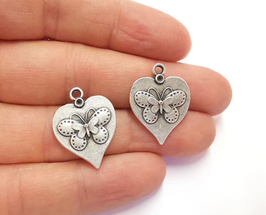 4 Heart Butterfly Charms Antique Silver Plated Charm (25x20mm) G20649