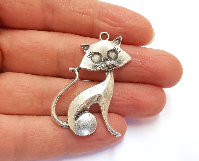 2 Cat Charms Antique Silver Plated Charms (44x31mm)  G20671
