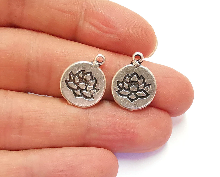 4 Lotus Charms Flower Charms Double Sided Antique Silver Plated Charms (19x15mm)  G20675