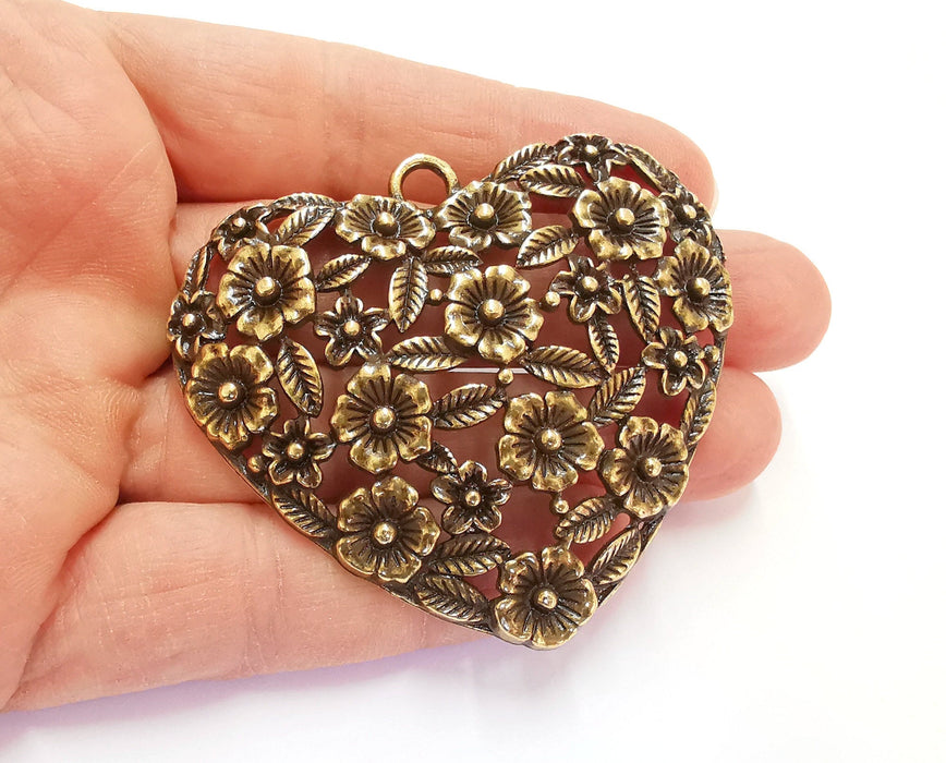 Heart Flower Leaf Pendant Antique Bronze Plated Pendant (60x66mm)  G20685