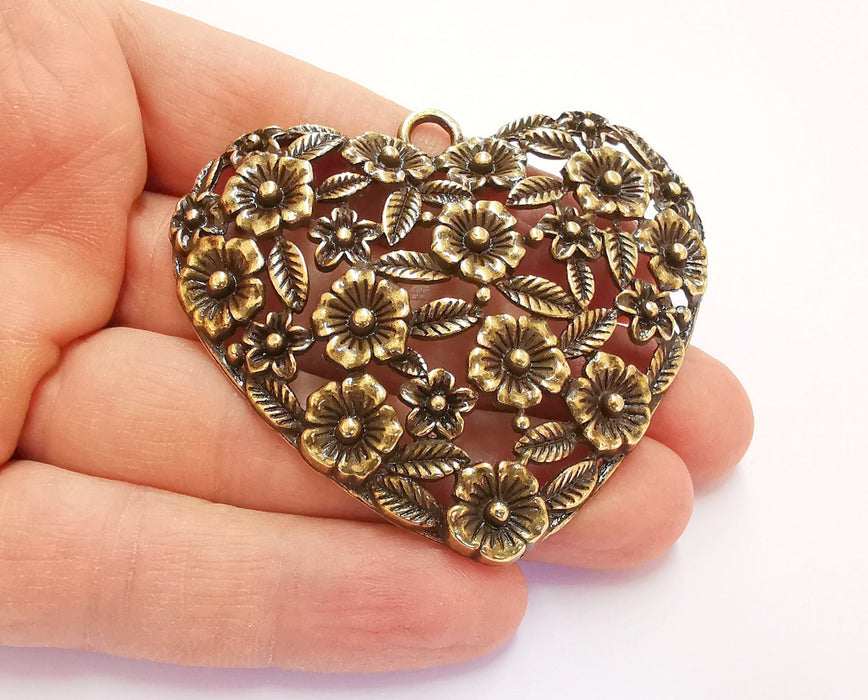 Heart Flower Leaf Pendant Antique Bronze Plated Pendant (60x66mm)  G20685