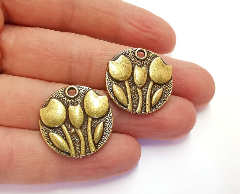 2 Flowers Charms Antique Bronze Plated Charms (24mm)  G20688