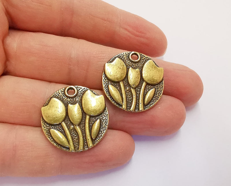 2 Flowers Charms Antique Bronze Plated Charms (24mm)  G20688