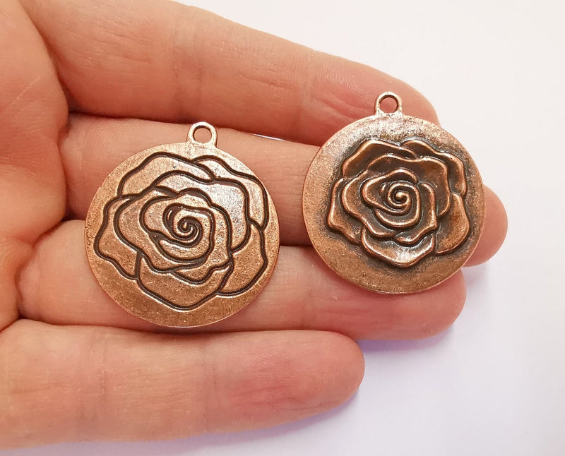 2 Rose Flower Double Sided (Sides Different) Charms Antique Copper Plated Charms (36x32mm)  G20693