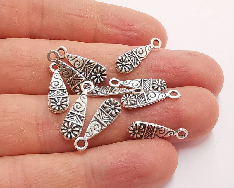 20 Flower Charms Antique Silver Plated Charms (18x6mm) G21012