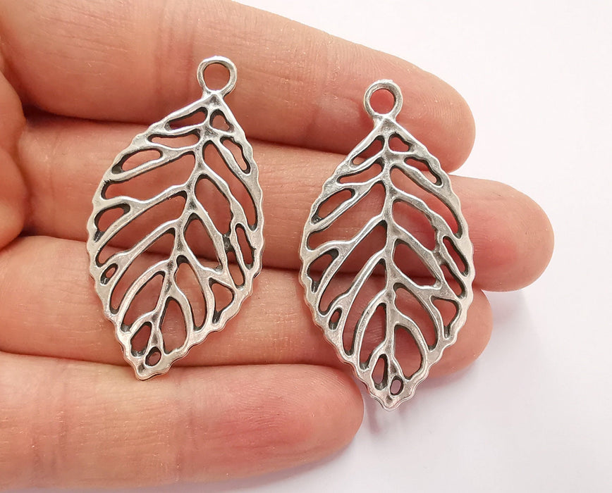 2 Leaf Branch Charms Antique Silver Plated Charms (49x26mm) G21067