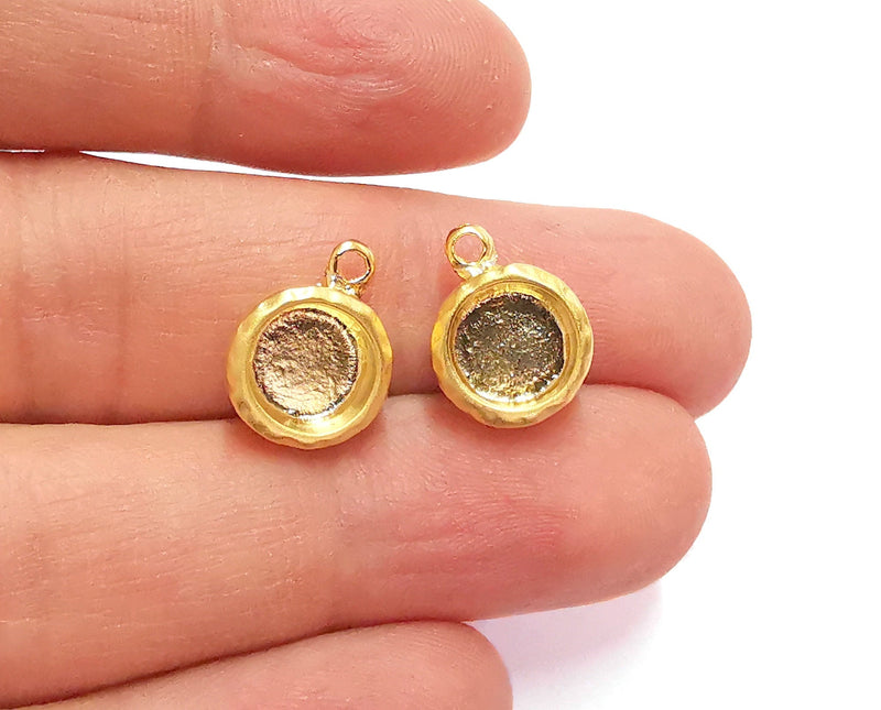 2 Hammered Charms Blank Bezel Resin Bezel Mosaic Mountings Gold Plated Charms Cabochon Tray (15x12mm)( 8 mm Bezel Inner Size)  G20734