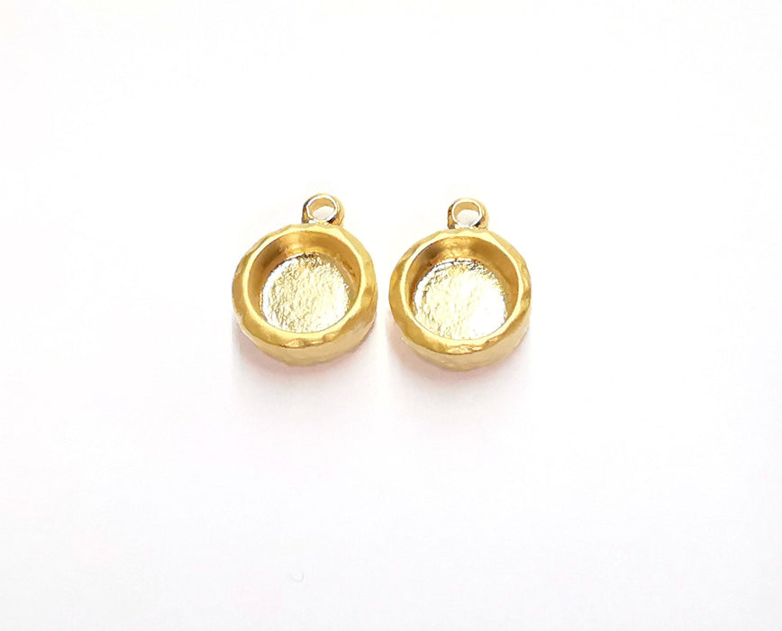 2 Hammered Charms Blank Bezel Resin Bezel Mosaic Mountings Gold Plated Charms Cabochon Tray (15x12mm)( 8 mm Bezel Inner Size)  G20734