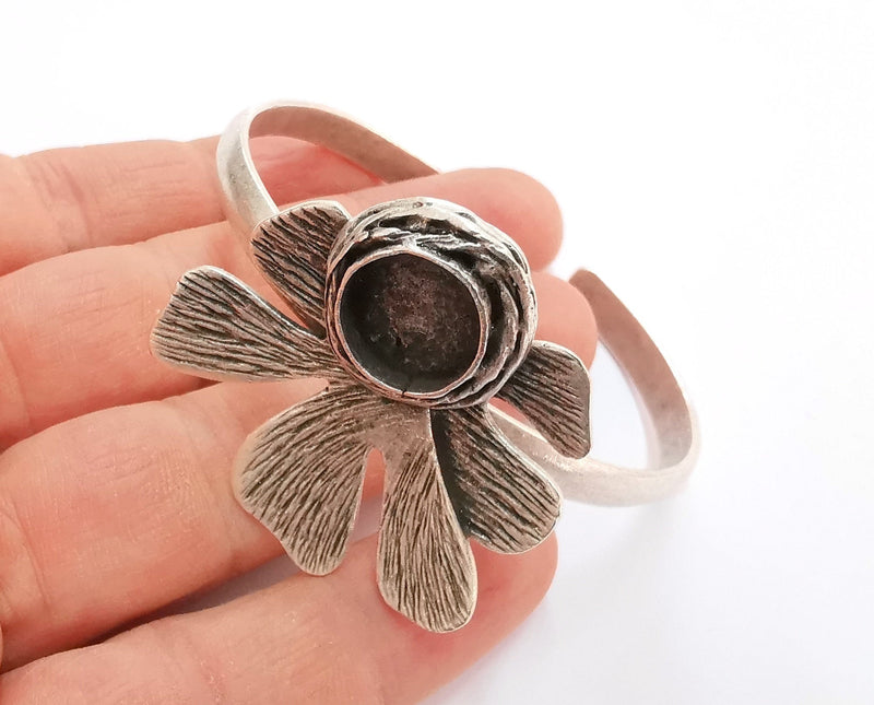 Flower Bracelet Brass Blank Resin Bangle Dry Flower inlay Blank Cuff Bezel Glass Cabochon Base Adjustable Antique Silver (13mm ) G21091