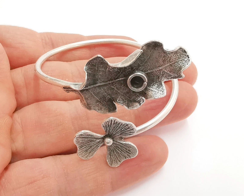 Flower Leaf Bracelet Brass Blank Resin Bangle Dry Flower inlay Blank Cuff Bezel Glass Cabochon Base Adjustable Antique Silver(3.5mm ) G21092