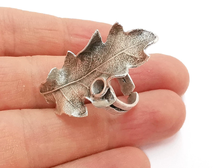 Leaf Silver Ring Setting Blank Cabochon Ring Mounting Adjustable Ring Base Bezel Oak Leaf Ring  (3.5 mm)Antique Silver Plated Brass  G21094