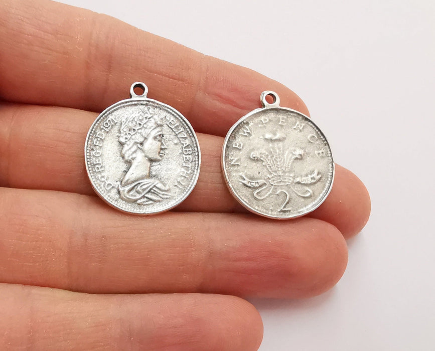 2 Coin Charms Antique Silver Plated Charms  (27x23 mm)  G25068