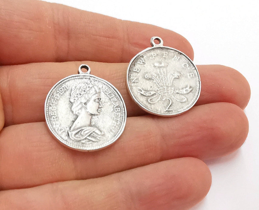 2 Coin Charms Antique Silver Plated Charms  (27x23 mm)  G25068