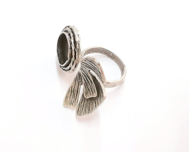 Flower Silver Ring Setting Blank Cabochon Ring Mounting Adjustable Ring Base Bezel (13 mm)Antique Silver Plated Brass  G21098