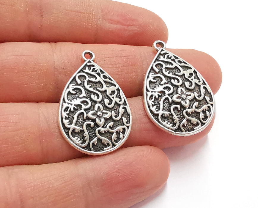 4 Teardrop Charms Antique Silver Plated Charms (33x22mm)  G22408