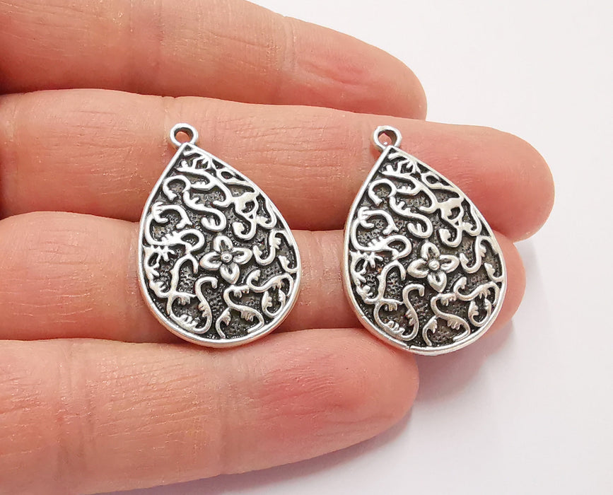 4 Teardrop Charms Antique Silver Plated Charms (33x22mm)  G22408