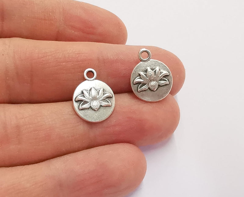 10 Lotus Charms (Double Sided)(Both Side Same) Flower Charms Antique Silver Plated Charms (16x12mm)  G21113