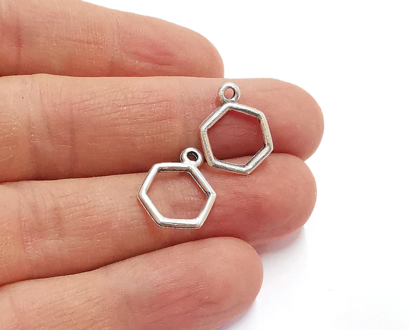 10 Hexagonal Charms Antique Silver Plated Charms (17x13mm)  G21115