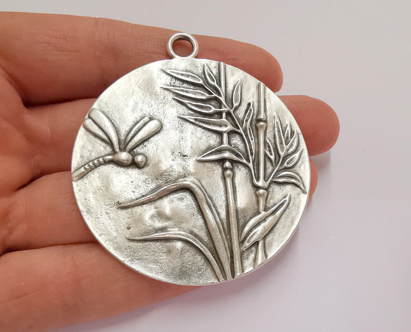 Dragonfly Plant Pendant Antique Silver Plated Pendant (67x60mm)  G21127