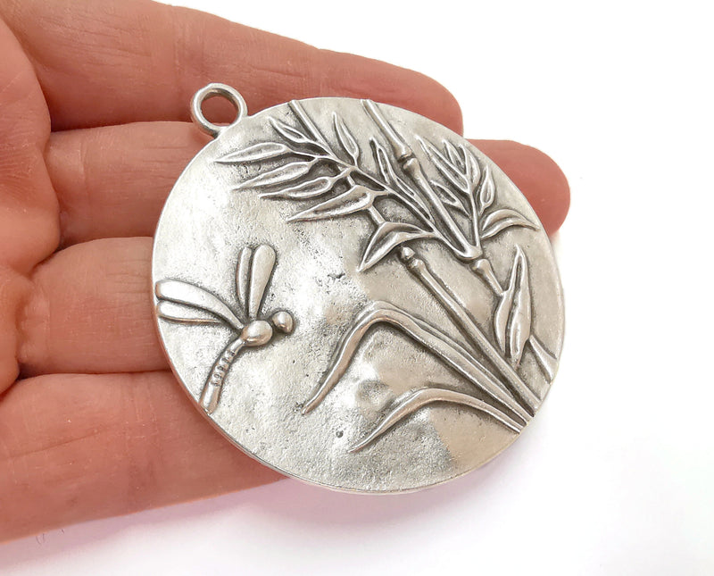 Dragonfly Plant Pendant Antique Silver Plated Pendant (67x60mm)  G21127