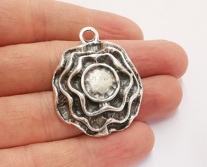 Flower Charms Blank Bezel Resin Bezel Mosaic Mountings Antique Silver Plated Charms (42x33mm) (10 mm Bezel Inner Size)  G21735