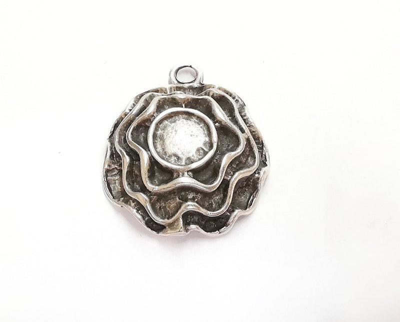 Flower Charms Blank Bezel Resin Bezel Mosaic Mountings Antique Silver Plated Charms (42x33mm) (10 mm Bezel Inner Size)  G21735