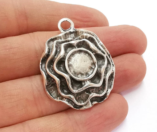Flower Charms Blank Bezel Resin Bezel Mosaic Mountings Antique Silver Plated Charms (42x33mm) (10 mm Bezel Inner Size)  G21735