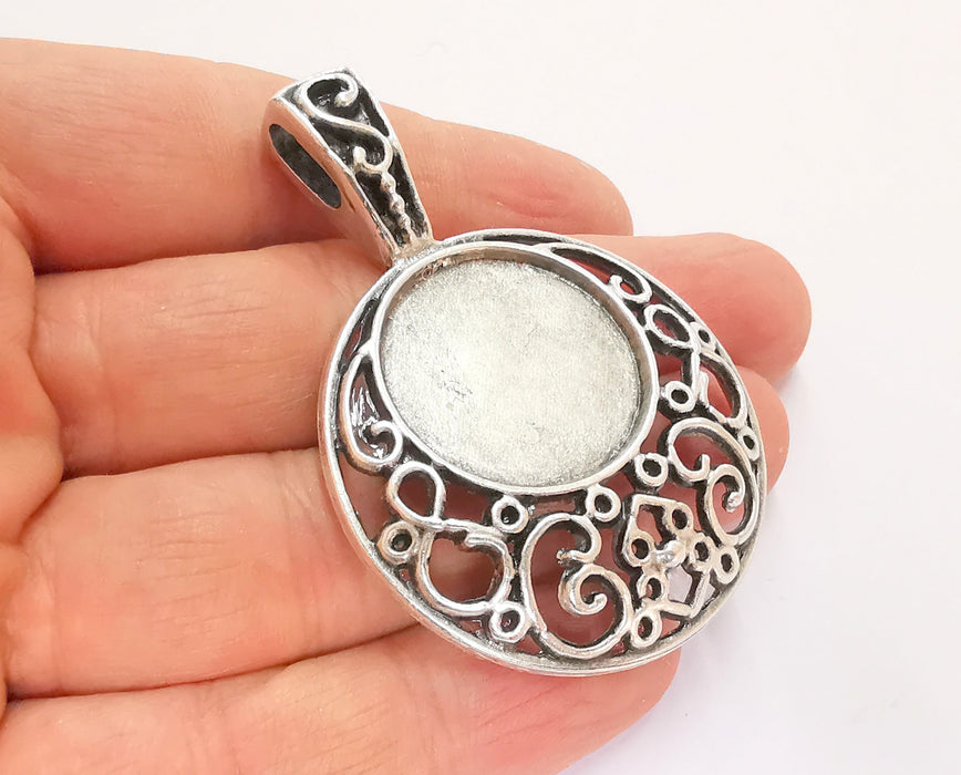 Filigree Charms Blank Bezel Resin Bezel Mosaic Mountings Antique Silver Plated Charms (63x43mm) (24 mm Bezel Inner Size)  G21377