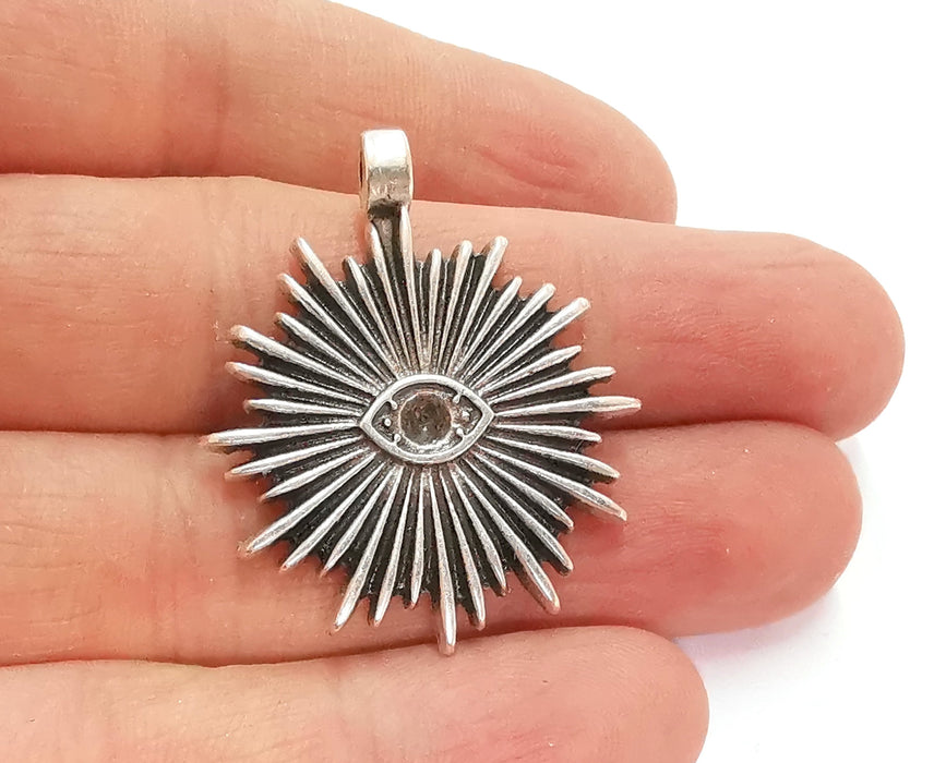 2 Eye Sun Pendant Blank Chaton Crystal Bezel Antique Silver Plated Brass (39x33mm)(3.5mm Blank)  G20836