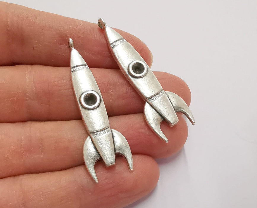 2 Rocket Charms Bezel Antique Silver Plated Charms (49x15mm) G26603