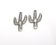 4 Cactus Charms Bezel Antique Silver Plated Charms (30x19mm)  G21168