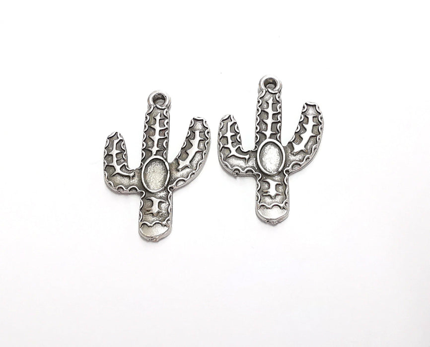 4 Cactus Charms Bezel Antique Silver Plated Charms (30x19mm)  G21168