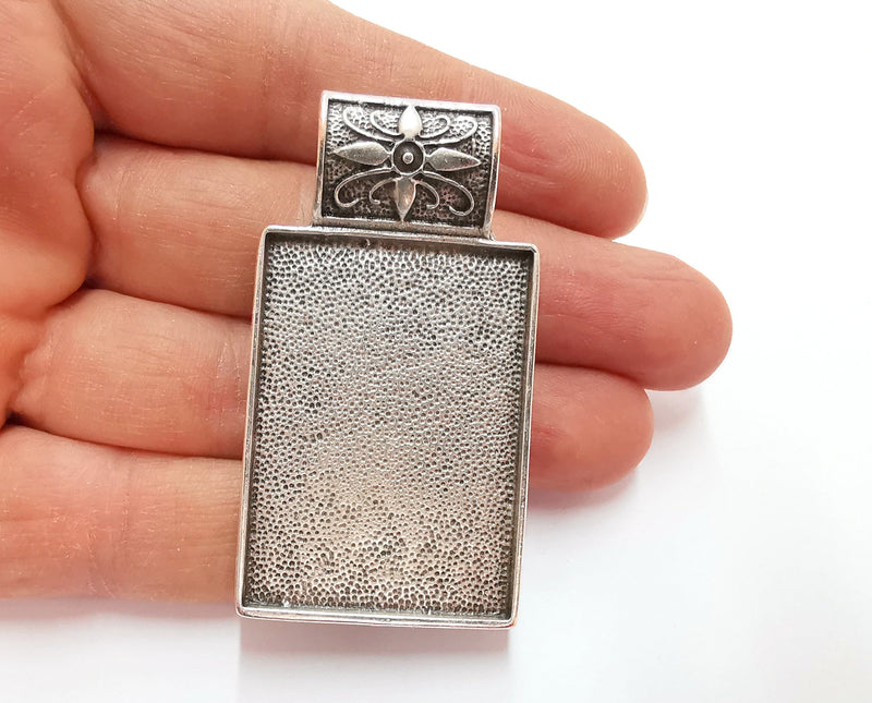 Flower Pendant Blank Bezel Resin Bezel Mosaic Mountings Antique Silver Plated Pendant (62x34mm) (43x31 mm Bezel Inner Size)  G21145