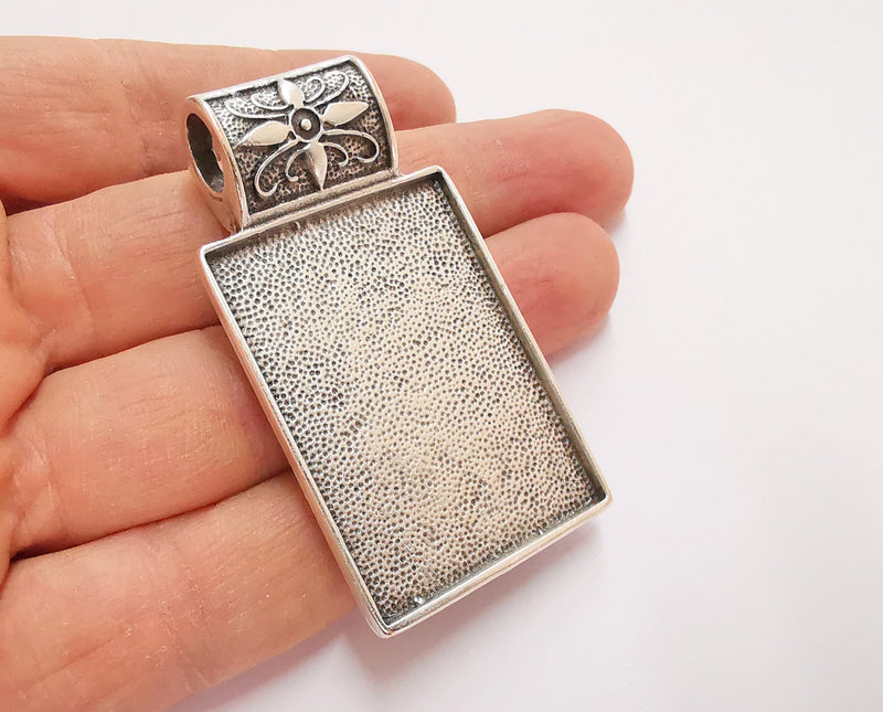 Flower Pendant Blank Bezel Resin Bezel Mosaic Mountings Antique Silver Plated Pendant (62x34mm) (43x31 mm Bezel Inner Size)  G21145