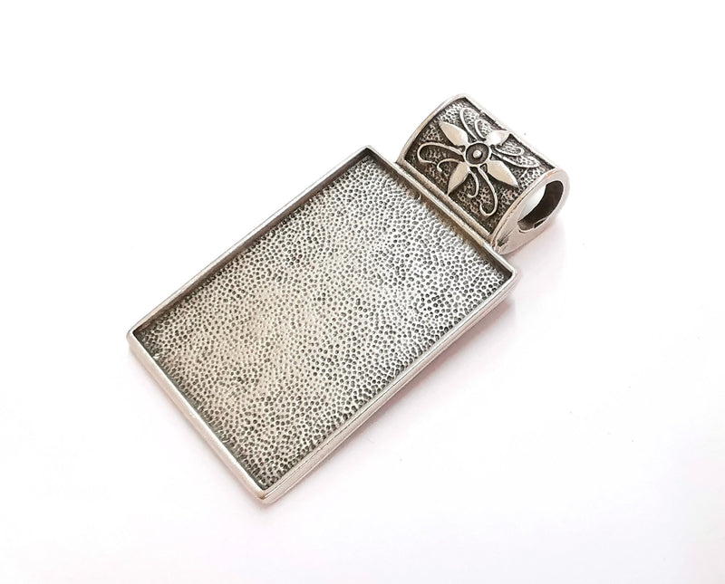 Flower Pendant Blank Bezel Resin Bezel Mosaic Mountings Antique Silver Plated Pendant (62x34mm) (43x31 mm Bezel Inner Size)  G21145